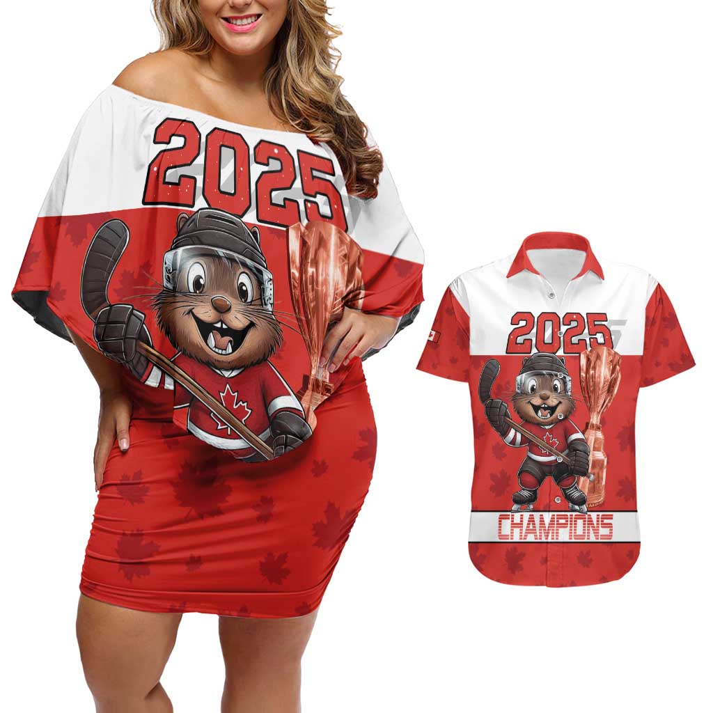 Custom Canada Ice Hockey Couples Matching Off Shoulder Short Dress and Hawaiian Shirt Beaver Mascot With Champions Trophy