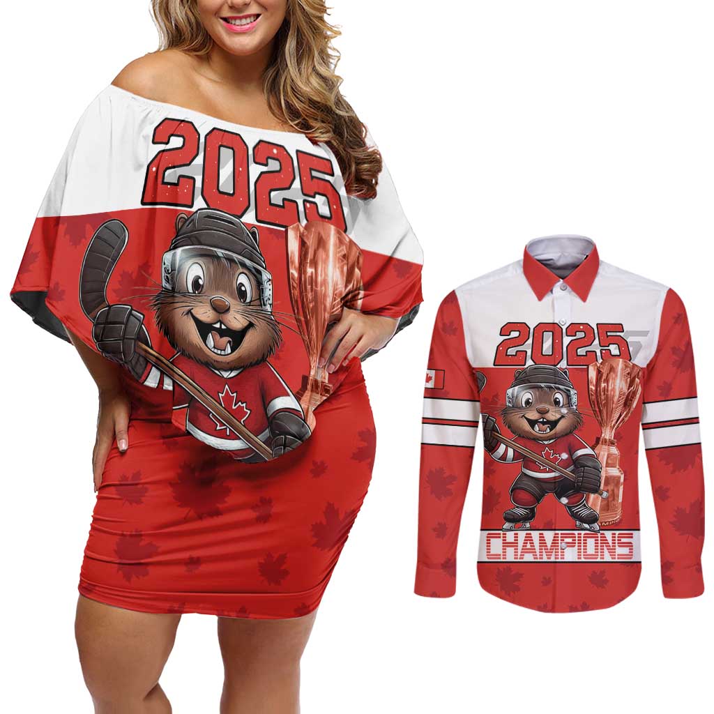 Custom Canada Ice Hockey Couples Matching Off Shoulder Short Dress and Long Sleeve Button Shirt Beaver Mascot With Champions Trophy