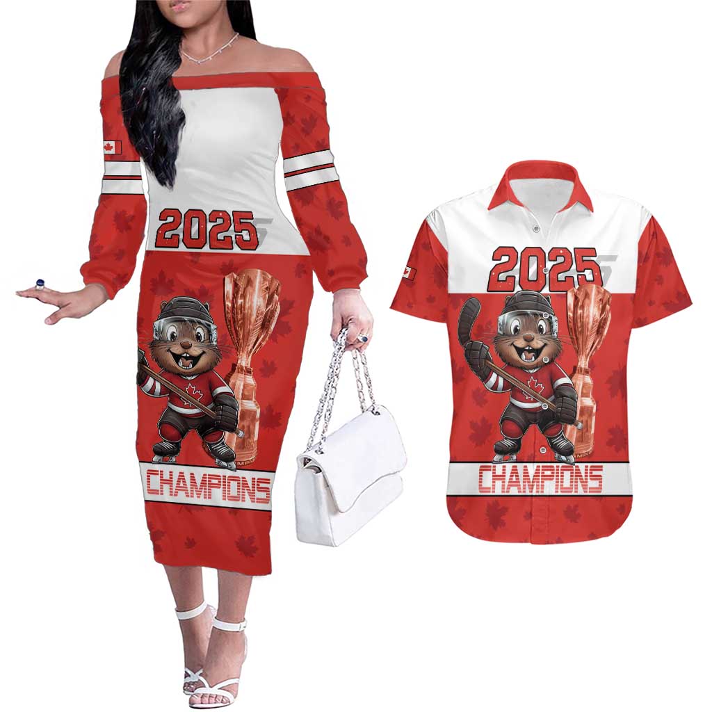 Custom Canada Ice Hockey Couples Matching Off The Shoulder Long Sleeve Dress and Hawaiian Shirt Beaver Mascot With Champions Trophy