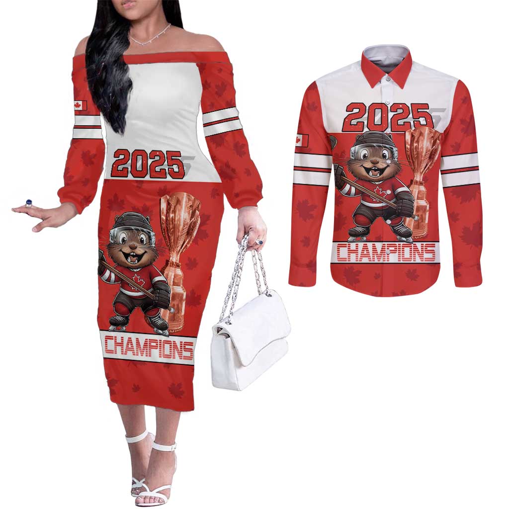 Custom Canada Ice Hockey Couples Matching Off The Shoulder Long Sleeve Dress and Long Sleeve Button Shirt Beaver Mascot With Champions Trophy