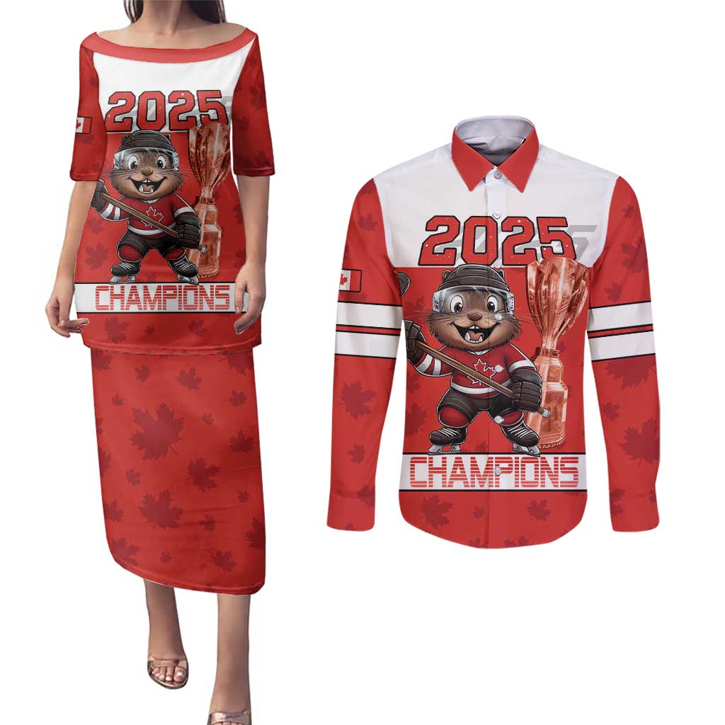 Custom Canada Ice Hockey Couples Matching Puletasi and Long Sleeve Button Shirt Beaver Mascot With Champions Trophy