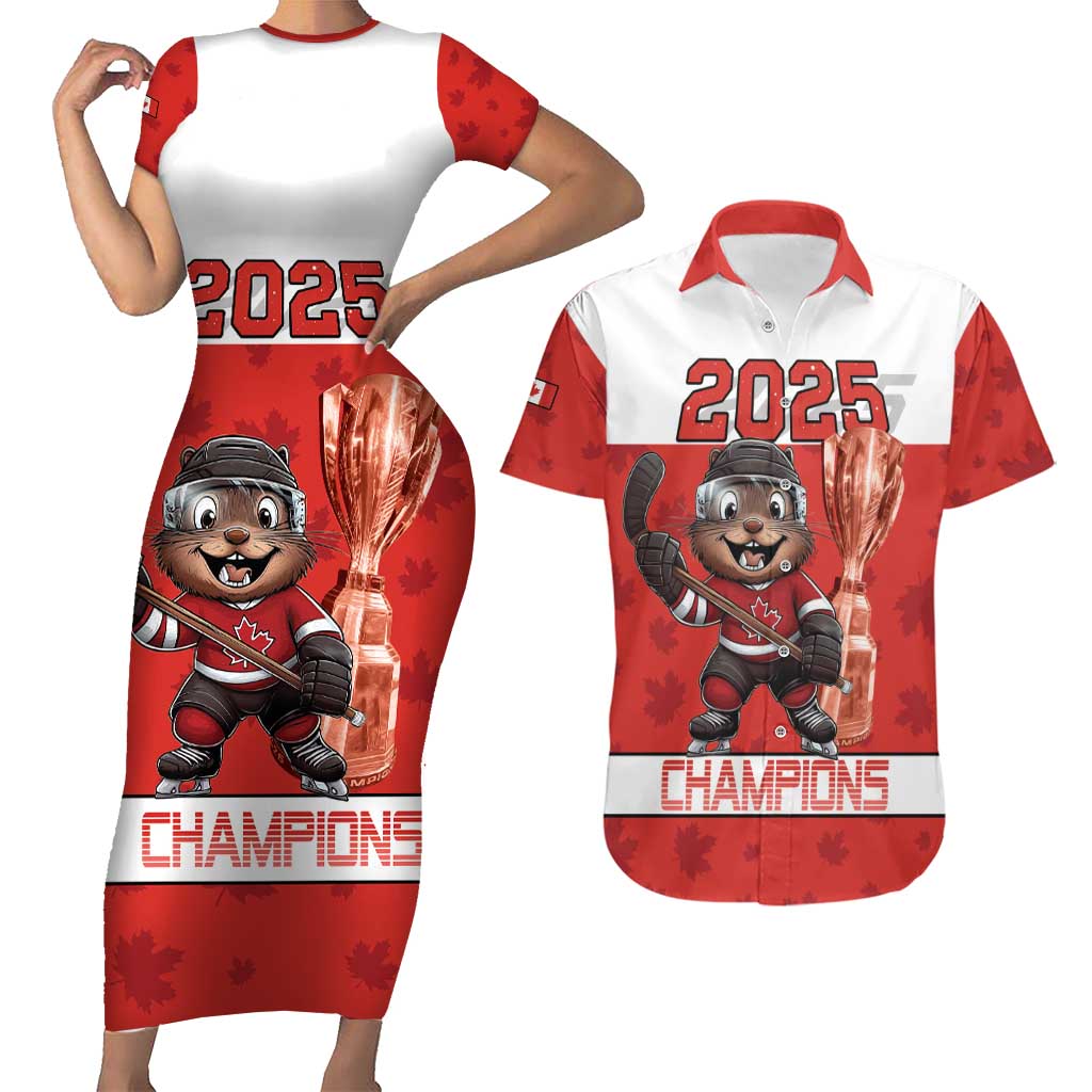 Custom Canada Ice Hockey Couples Matching Short Sleeve Bodycon Dress and Hawaiian Shirt Beaver Mascot With Champions Trophy