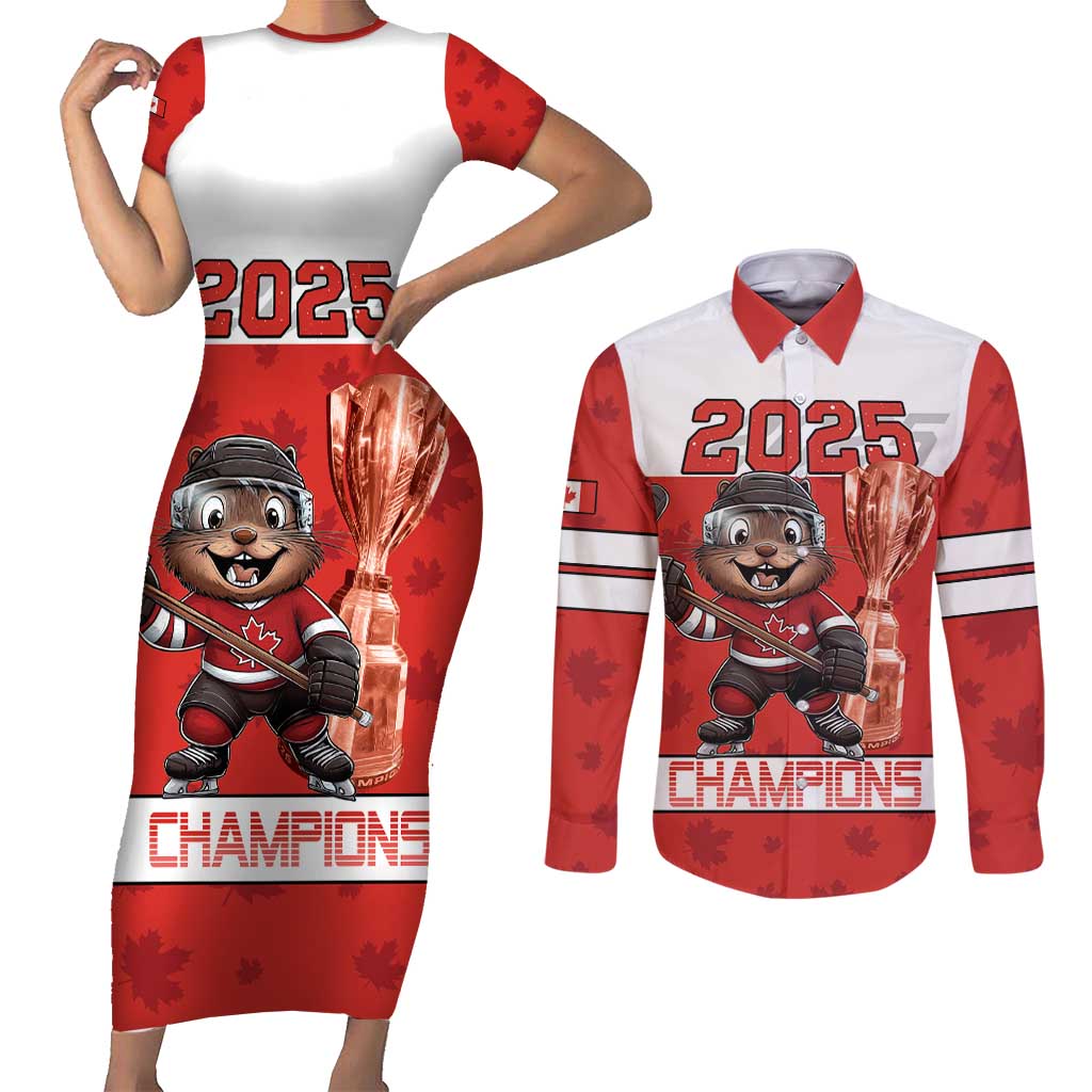 Custom Canada Ice Hockey Couples Matching Short Sleeve Bodycon Dress and Long Sleeve Button Shirt Beaver Mascot With Champions Trophy