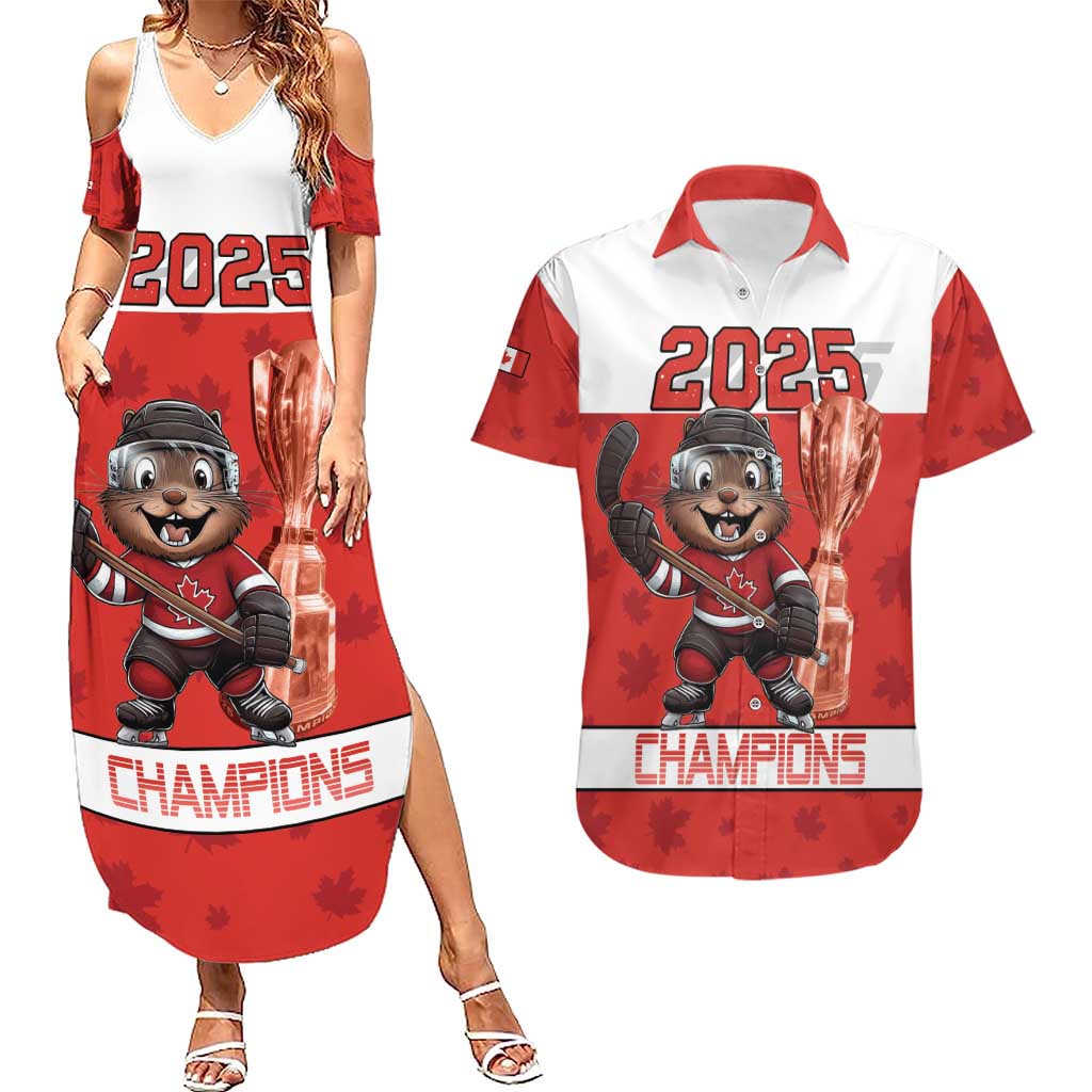 Custom Canada Ice Hockey Couples Matching Summer Maxi Dress and Hawaiian Shirt Beaver Mascot With Champions Trophy