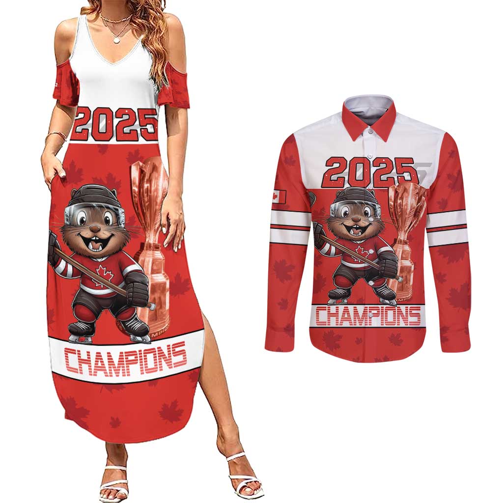 Custom Canada Ice Hockey Couples Matching Summer Maxi Dress and Long Sleeve Button Shirt Beaver Mascot With Champions Trophy