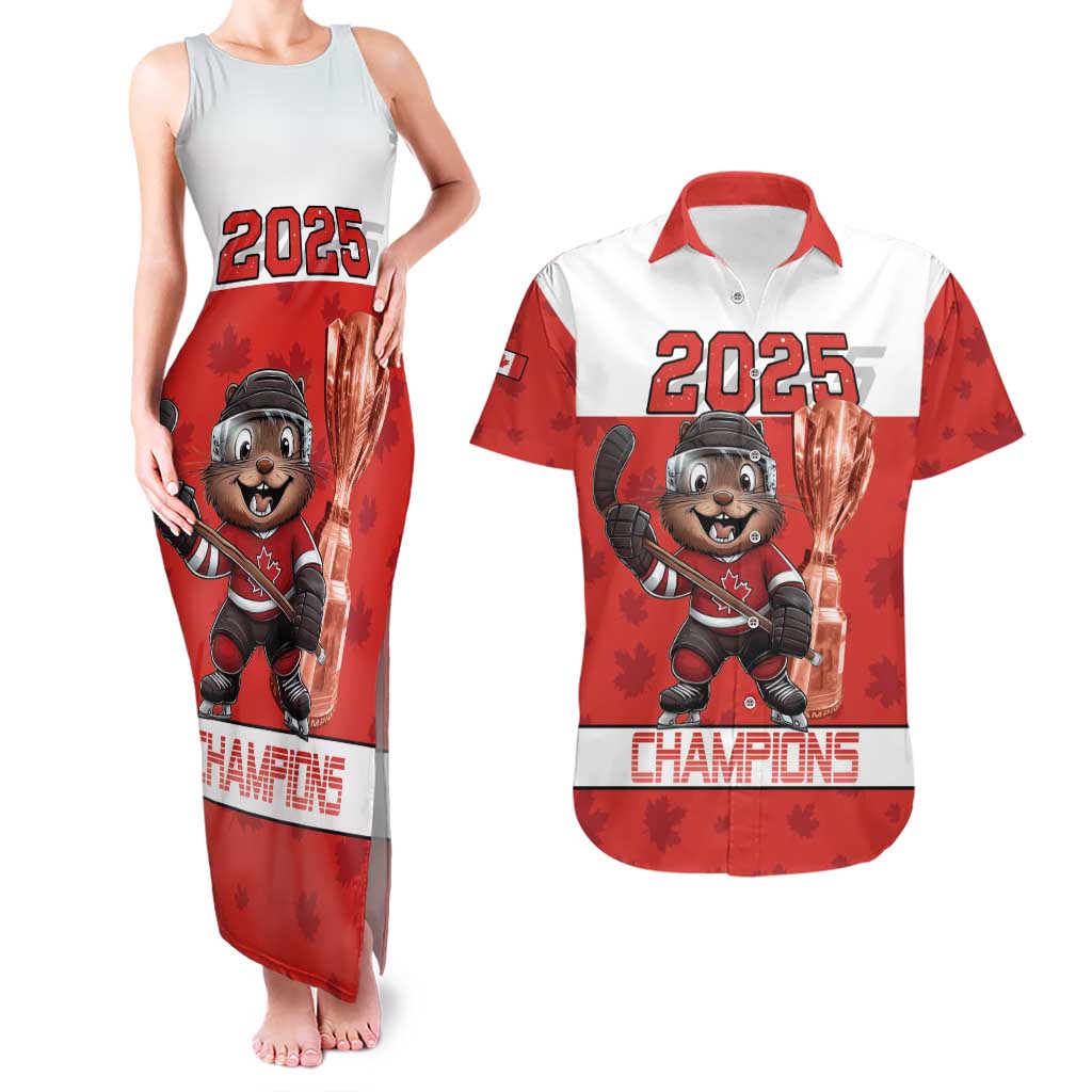 Custom Canada Ice Hockey Couples Matching Tank Maxi Dress and Hawaiian Shirt Beaver Mascot With Champions Trophy