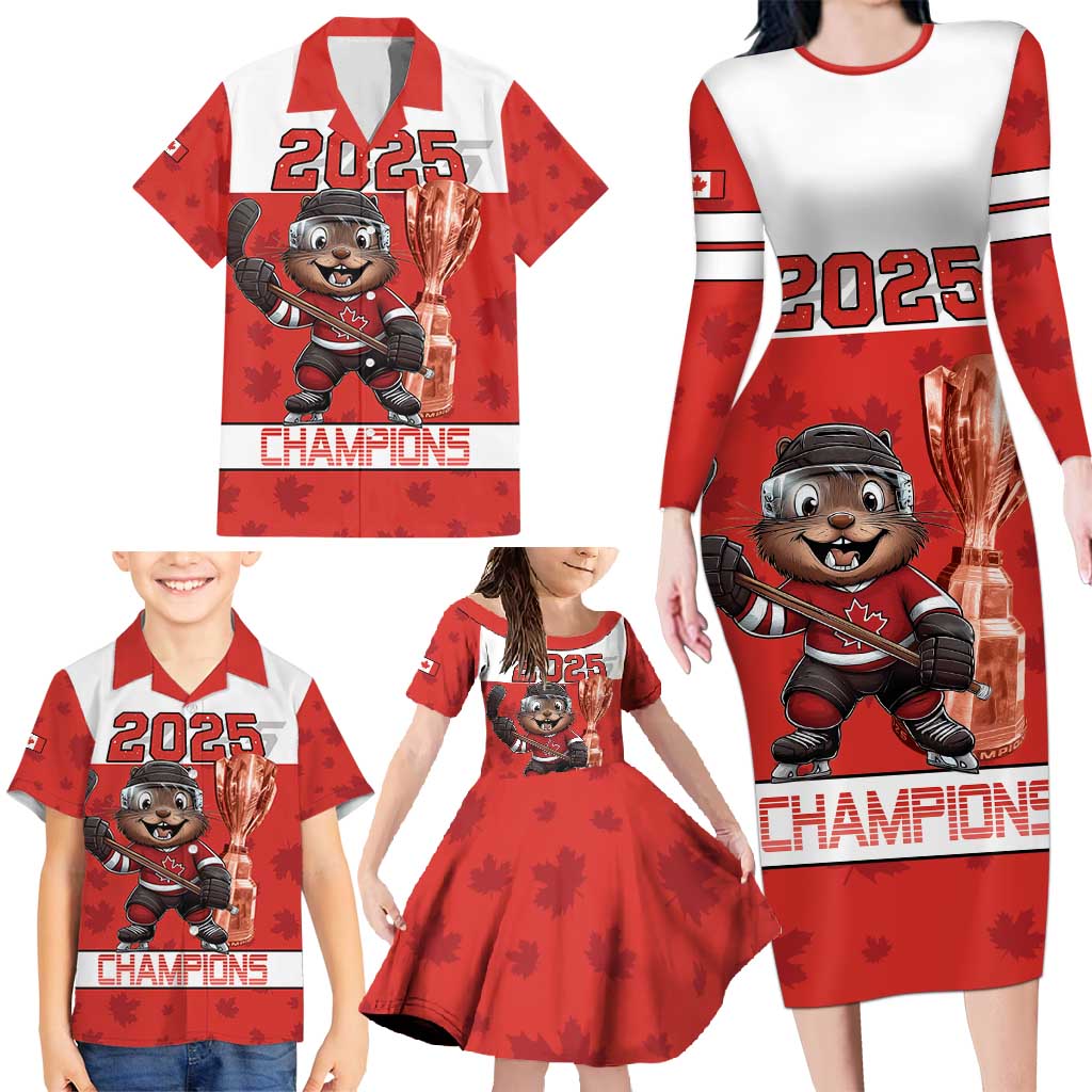 Custom Canada Ice Hockey Family Matching Long Sleeve Bodycon Dress and Hawaiian Shirt Beaver Mascot With Champions Trophy