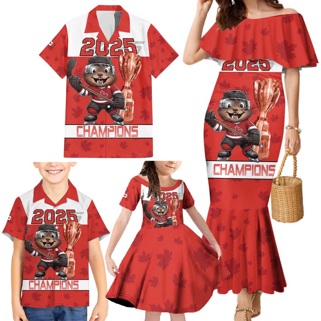 Custom Canada Ice Hockey Family Matching Mermaid Dress and Hawaiian Shirt Beaver Mascot With Champions Trophy