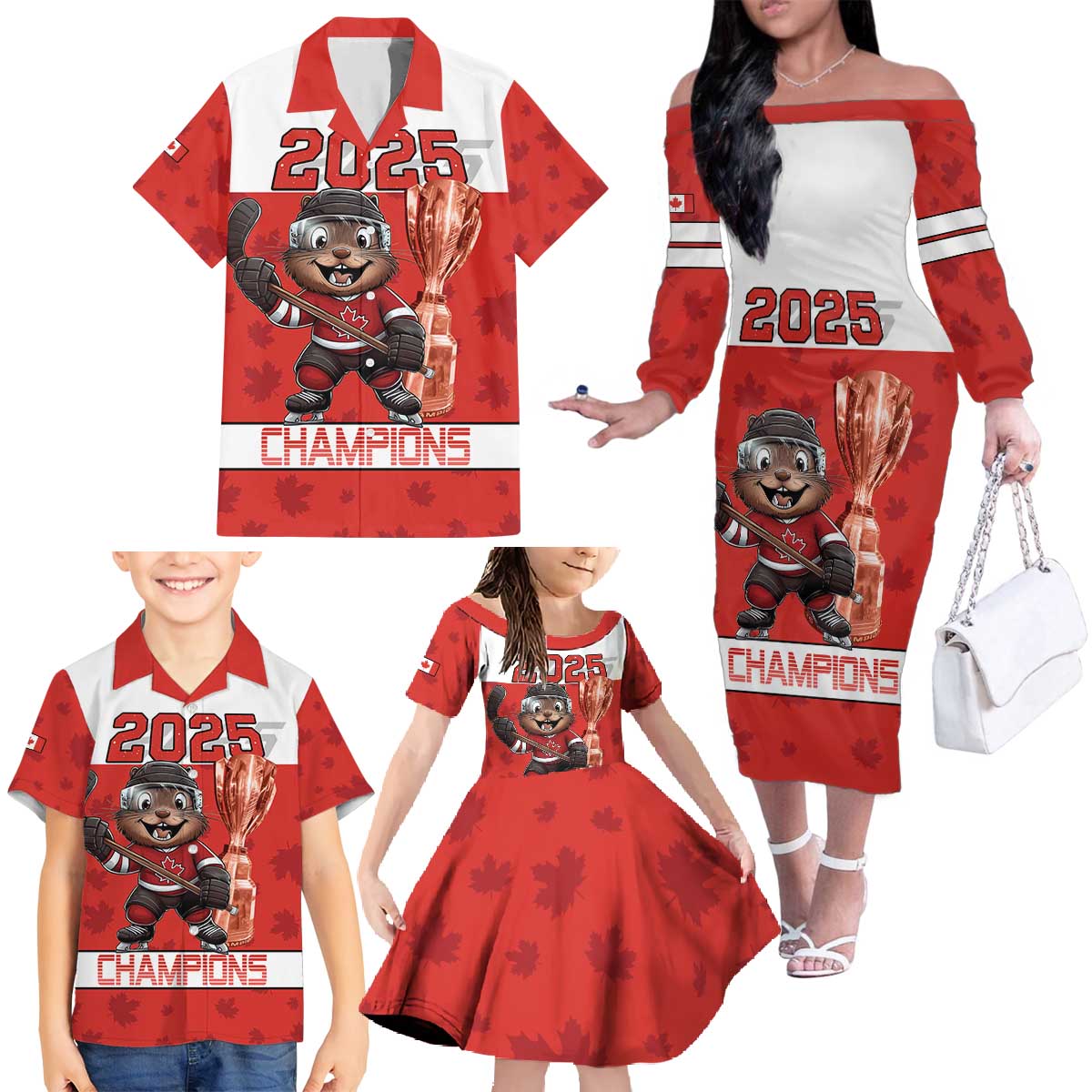 Custom Canada Ice Hockey Family Matching Off The Shoulder Long Sleeve Dress and Hawaiian Shirt Beaver Mascot With Champions Trophy