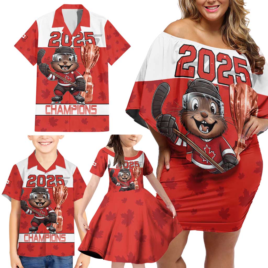 Custom Canada Ice Hockey Family Matching Off Shoulder Short Dress and Hawaiian Shirt Beaver Mascot With Champions Trophy