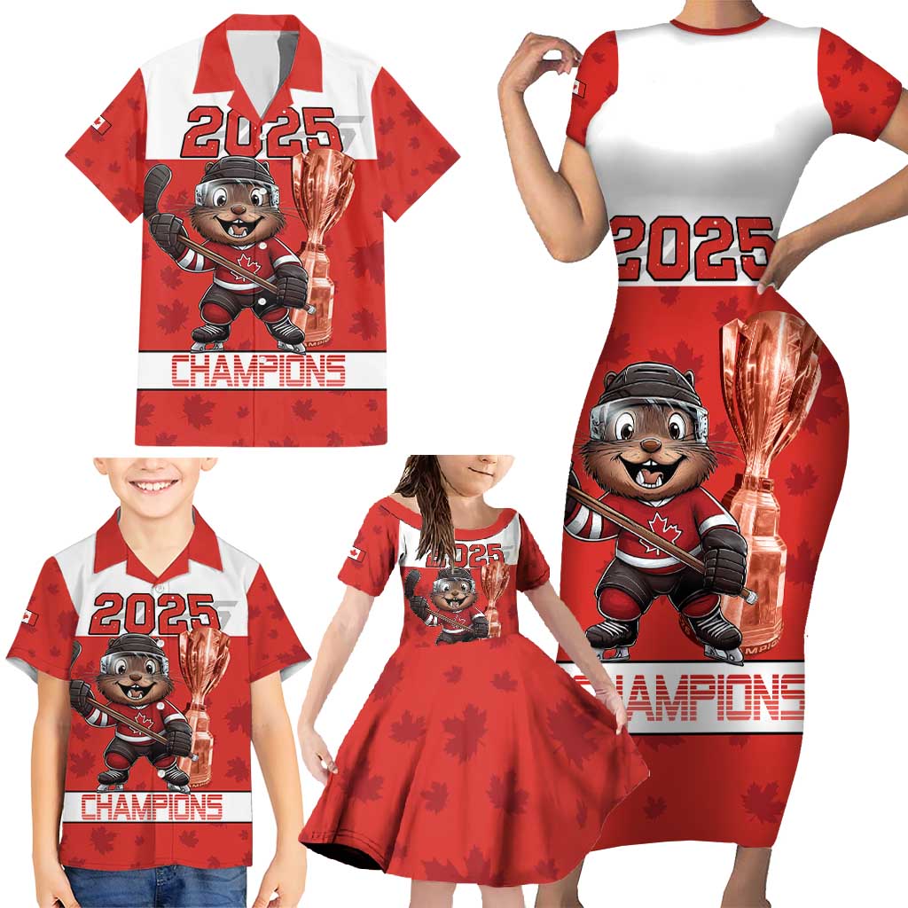 Custom Canada Ice Hockey Family Matching Short Sleeve Bodycon Dress and Hawaiian Shirt Beaver Mascot With Champions Trophy