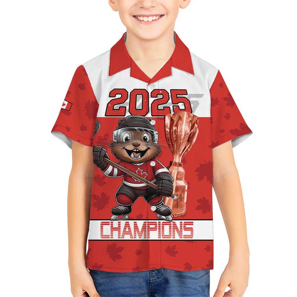 Custom Canada Ice Hockey Kid Hawaiian Shirt Beaver Mascot With Champions Trophy