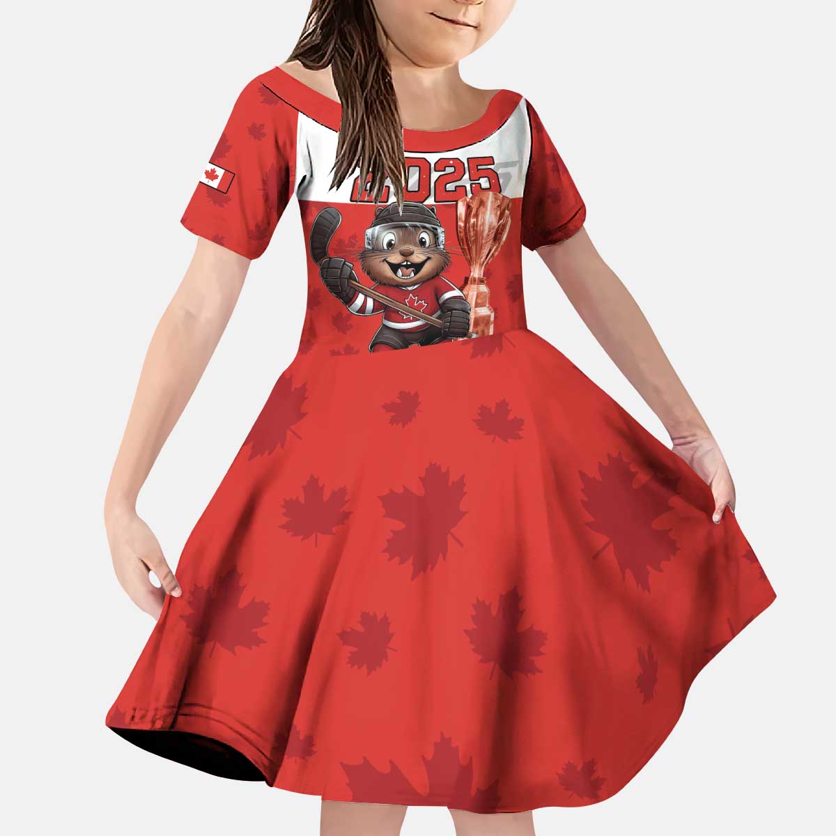 Custom Canada Ice Hockey Kid Short Sleeve Dress Beaver Mascot With Champions Trophy