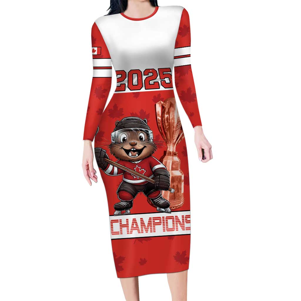 Custom Canada Ice Hockey Long Sleeve Bodycon Dress Beaver Mascot With Champions Trophy