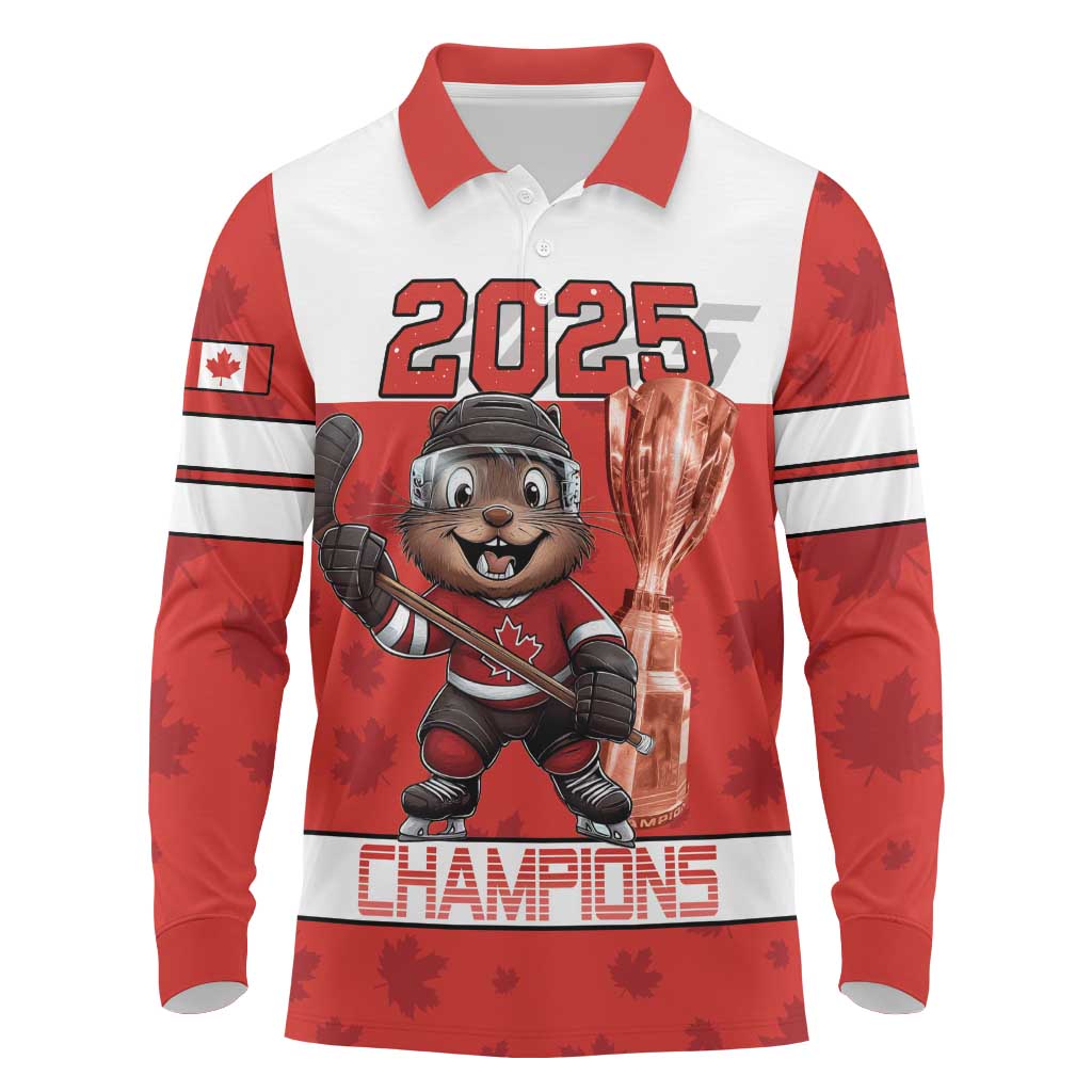 Custom Canada Ice Hockey Long Sleeve Polo Shirt Beaver Mascot With Champions Trophy