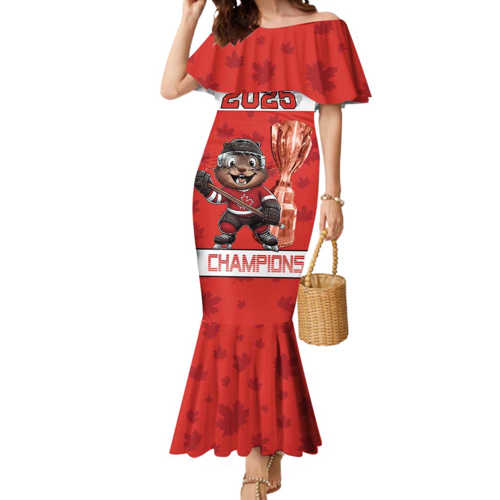 Custom Canada Ice Hockey Mermaid Dress Beaver Mascot With Champions Trophy