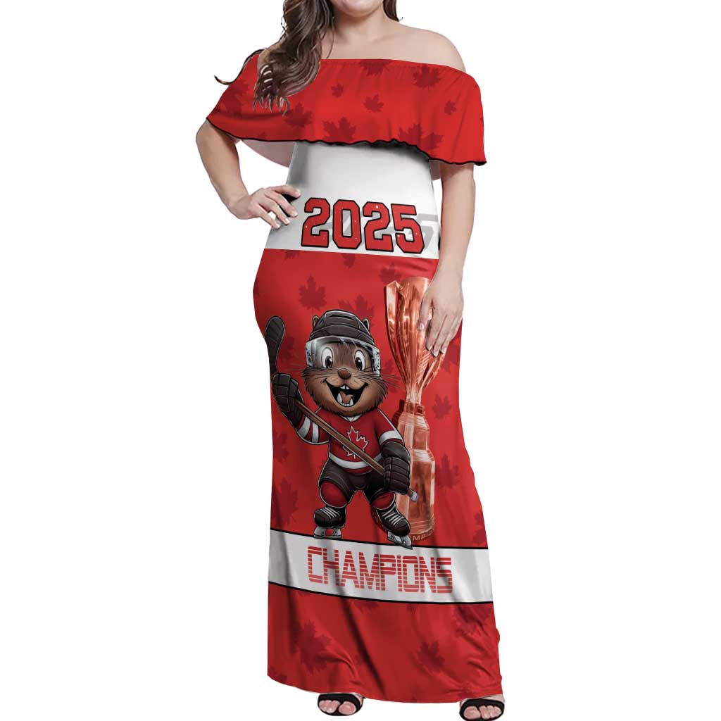 Custom Canada Ice Hockey Off Shoulder Maxi Dress Beaver Mascot With Champions Trophy