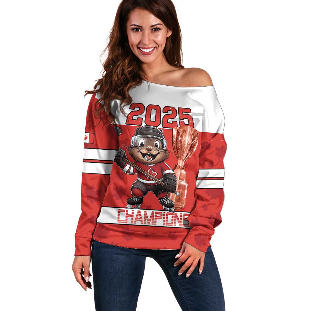 Custom Canada Ice Hockey Off Shoulder Sweater Beaver Mascot With Champions Trophy