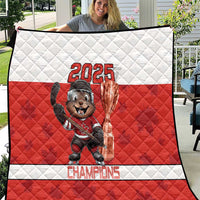 Red and white hockey quilt with 2025 beaver mascot and trophy graphic