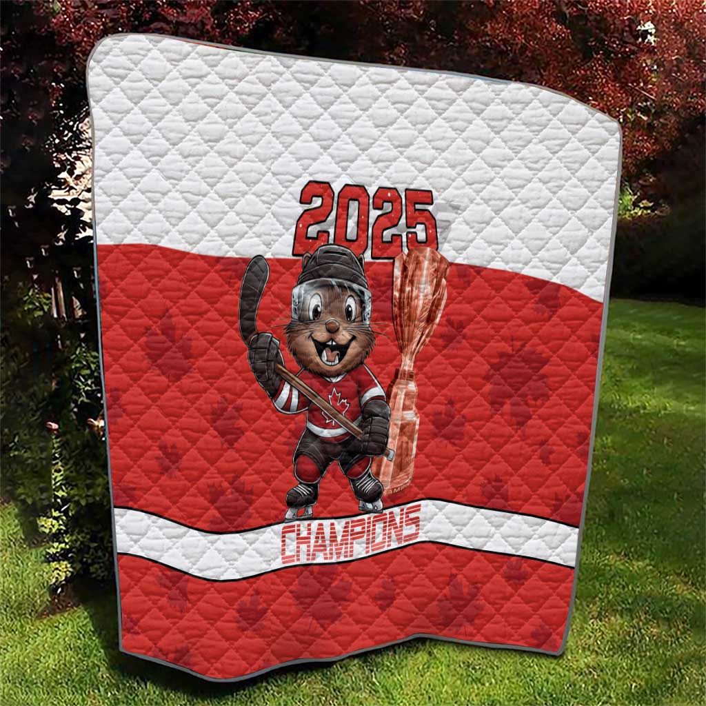 Red and white hockey quilt featuring 2025 beaver mascot and Champions text