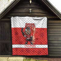 Red and white hockey quilt with 2025 beaver mascot and Champions wordmark