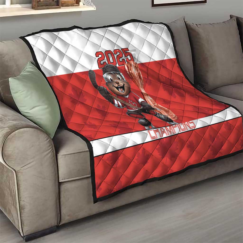 Red and white hockey quilt with 2025 beaver mascot in red-striped panel
