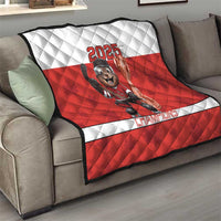 Red and white hockey quilt with 2025 beaver mascot in red-striped panel