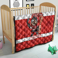Red and white hockey quilt with 2025 beaver mascot and trophy at center