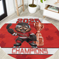 Round red hockey rug with beaver mascot, 2025 and Champions text, trophy graphic