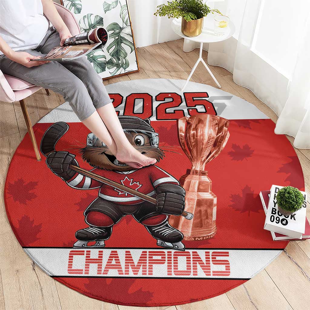 Round red hockey rug showing beaver mascot, 2025 title, trophy and Champions lettering
