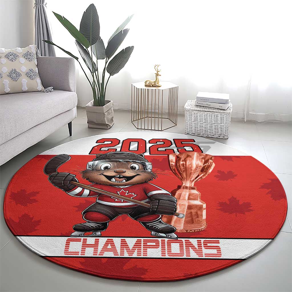 Round red hockey rug with beaver mascot holding stick, 2025 Champions and trophy