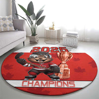 Round red hockey rug with beaver mascot holding stick, 2025 Champions and trophy
