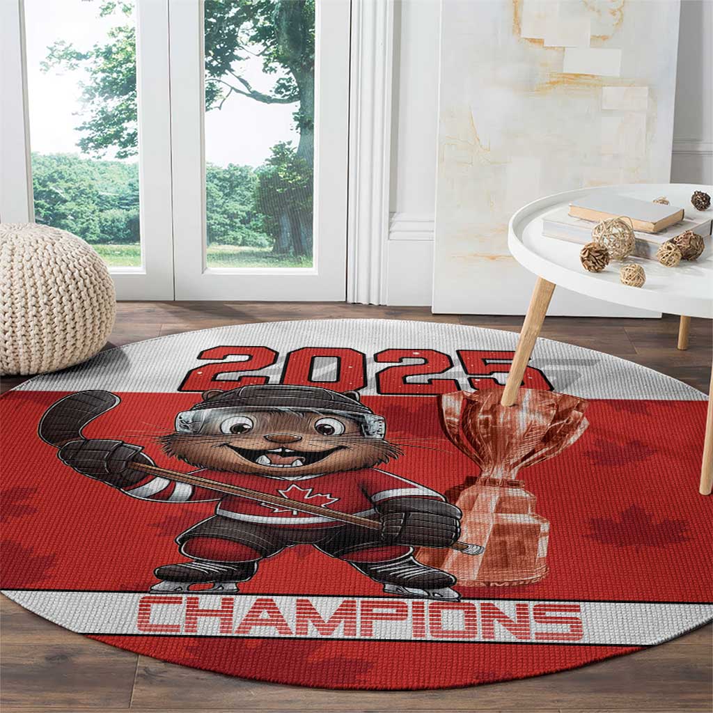 Round red hockey rug with beaver mascot, 2025 Champions title and trophy on edge