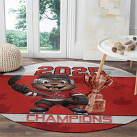 Round red hockey rug with beaver mascot, 2025 Champions title and trophy on edge