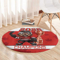 Round red hockey rug with beaver mascot, trophy, 2025 text and Champions lettering