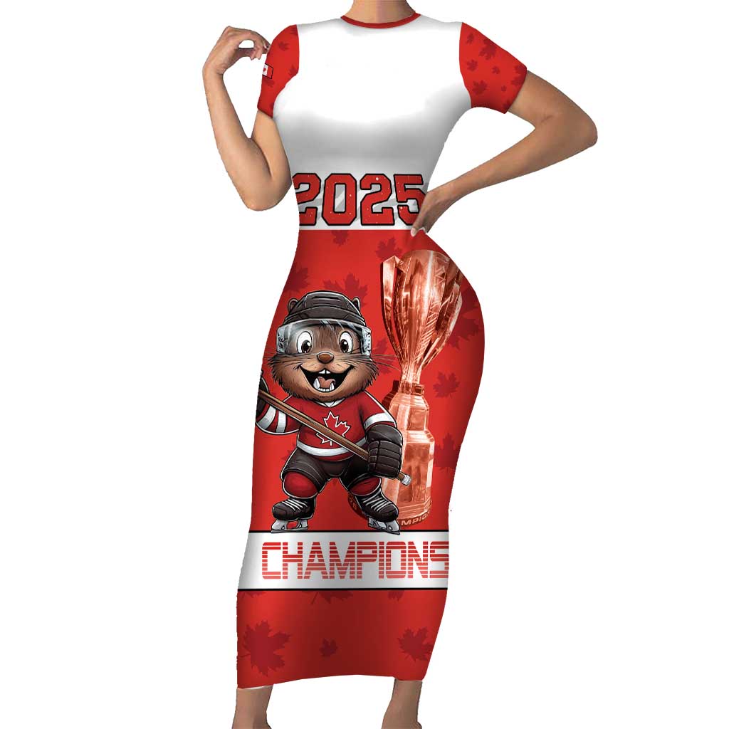 Custom Canada Ice Hockey Short Sleeve Bodycon Dress Beaver Mascot With Champions Trophy