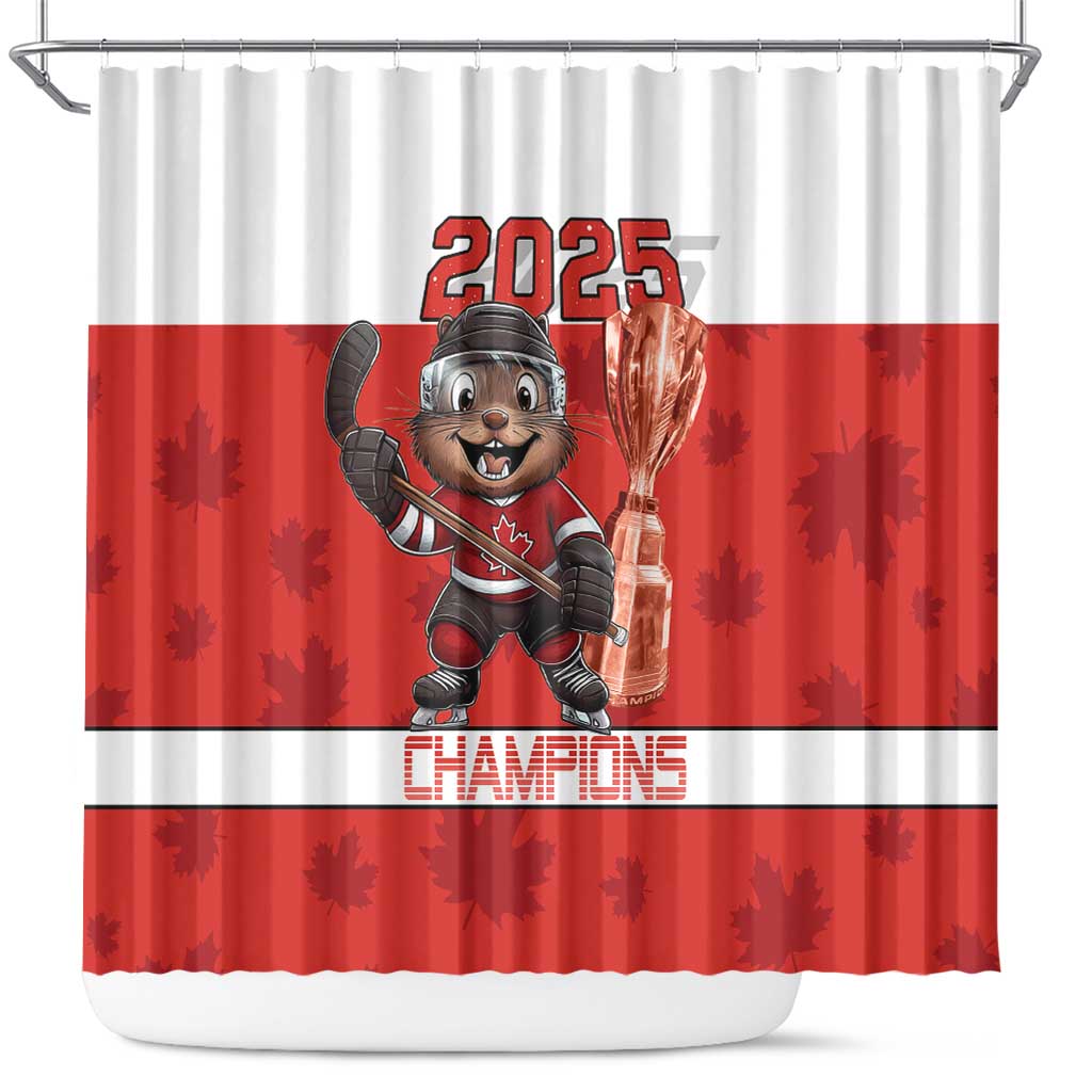 Canada Ice Hockey Shower Curtain Beaver Mascot With Champions Trophy