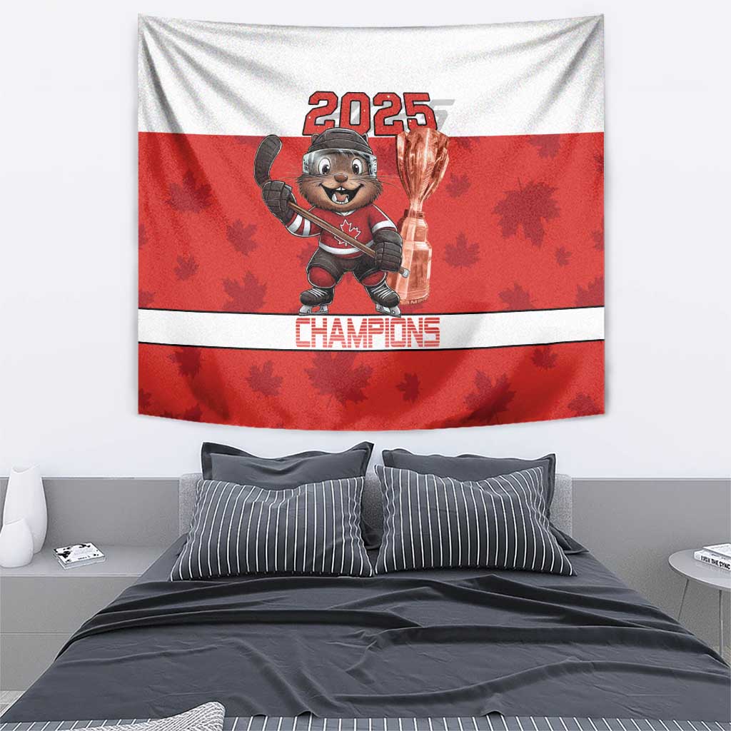 Framed red and white hockey tapestry showing beaver mascot with trophy and “Champions”
