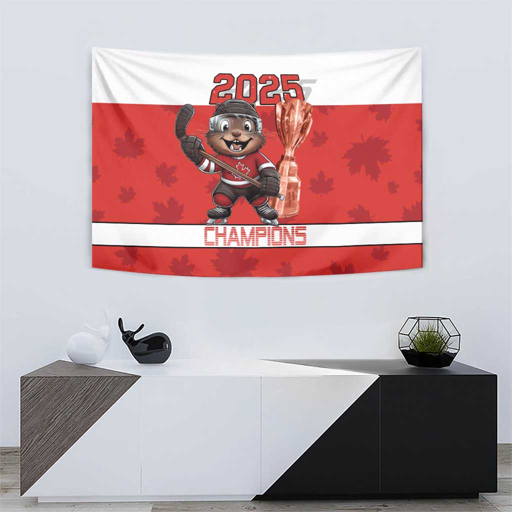 Red and white hanging hockey tapestry with beaver mascot, 2025 top stripe, Champions