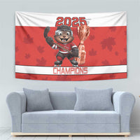 Red and white hockey tapestry with smiling beaver mascot holding trophy, “2025 Champions”