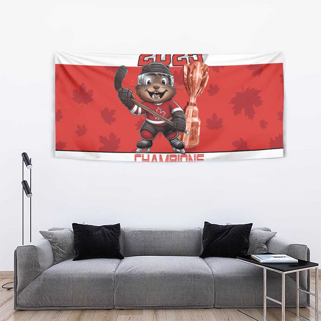 Red and white hockey tapestry with beaver mascot and large “Champions” banner text