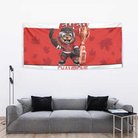 Red and white hockey tapestry with beaver mascot and large “Champions” banner text
