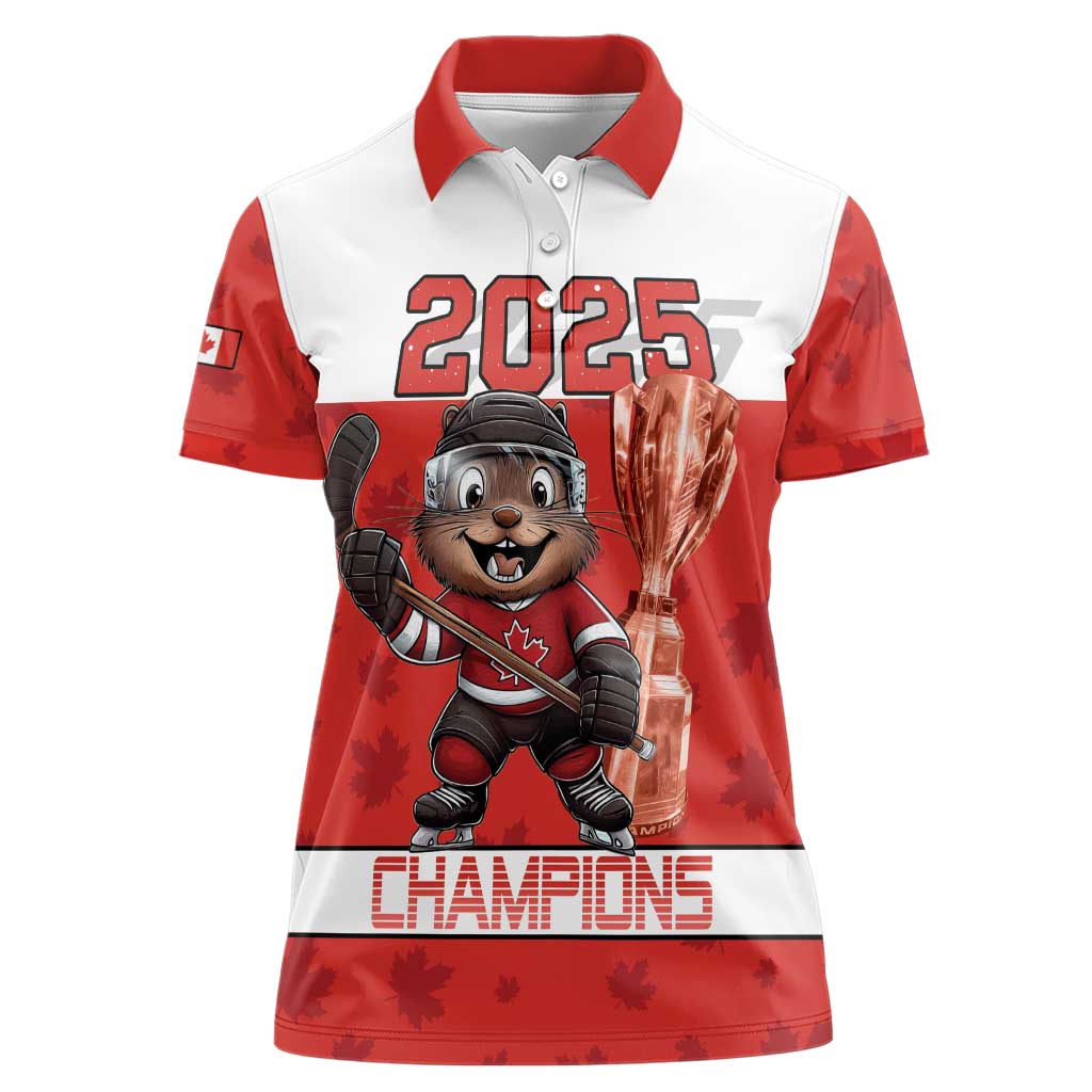 Custom Canada Ice Hockey Women Polo Shirt Beaver Mascot With Champions Trophy