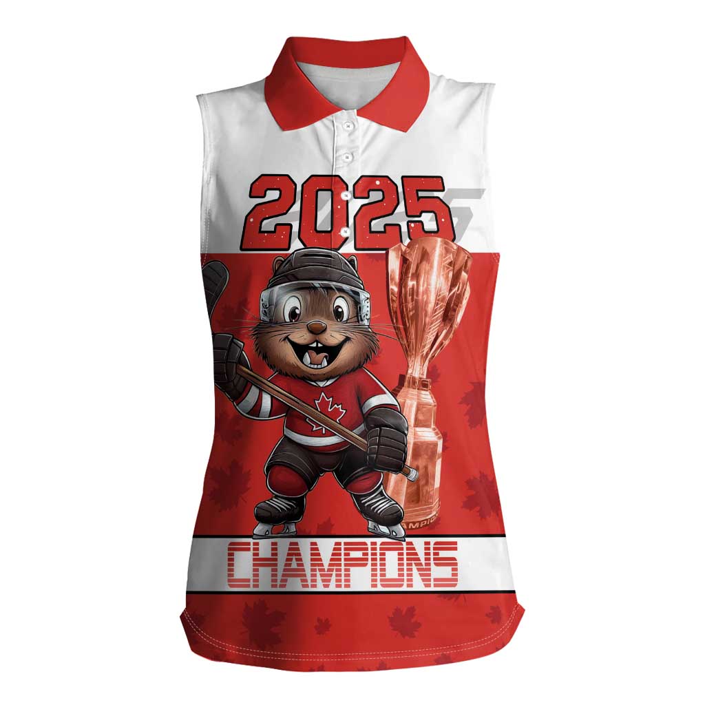 Custom Canada Ice Hockey Women Sleeveless Polo Shirt Beaver Mascot With Champions Trophy