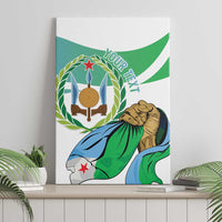 Djibouti independence canvas wall art with green wreath, torch emblem, and blue-green hands
