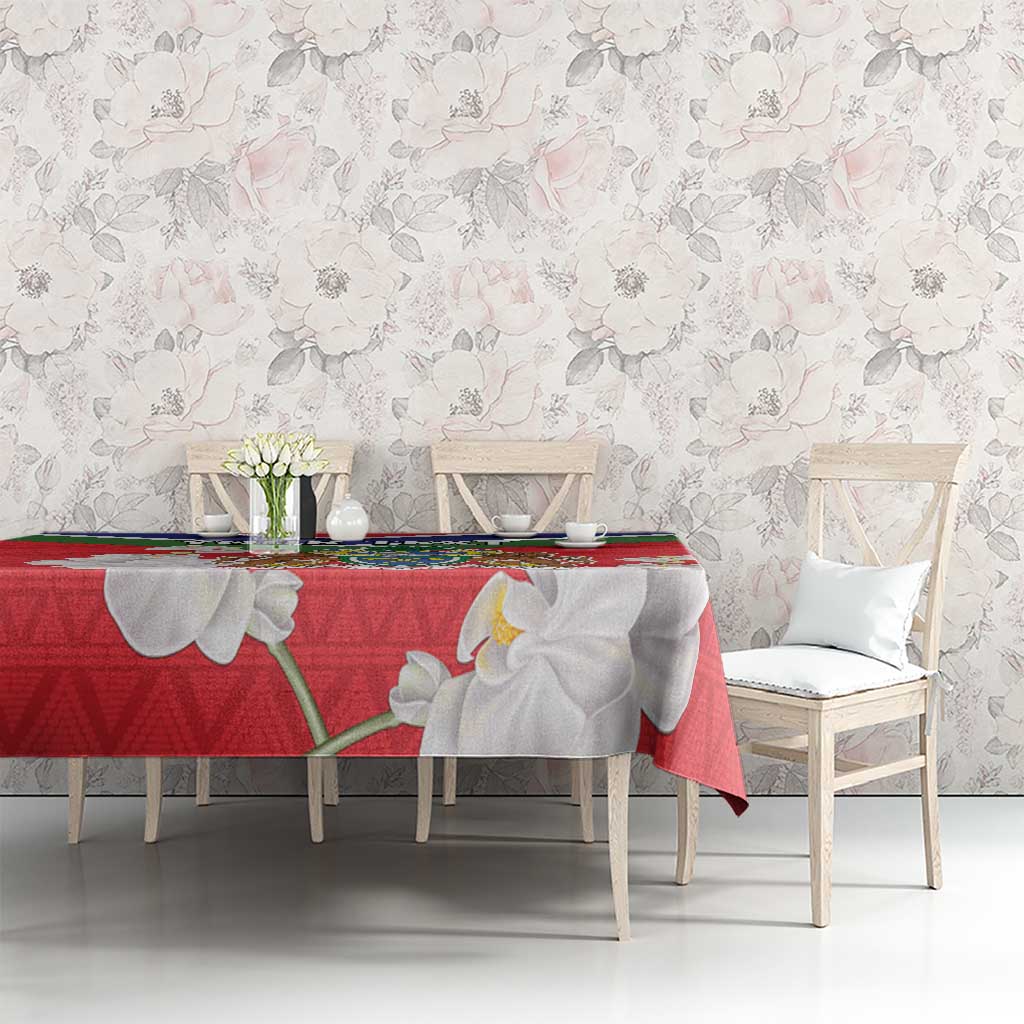 Red personalized Gambia coat of arms tablecloth with white flowers, on dining set