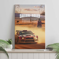 Safari rally canvas wall art showing a race car in desert scene with “YOUR TEXT”