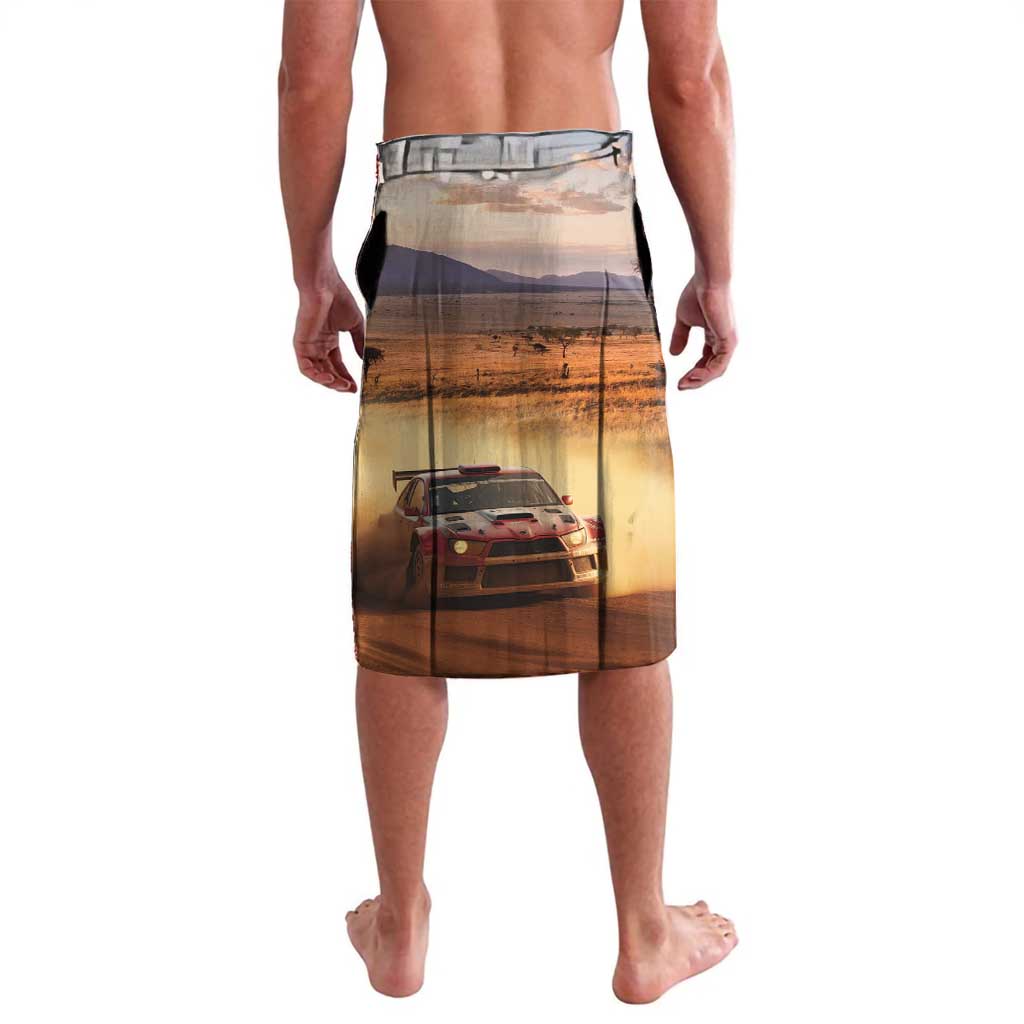 Printed lavalava wrap skirt with elastic waistband, racing car and scenic road graphic