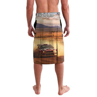 Printed lavalava wrap skirt with elastic waistband, racing car and scenic road graphic