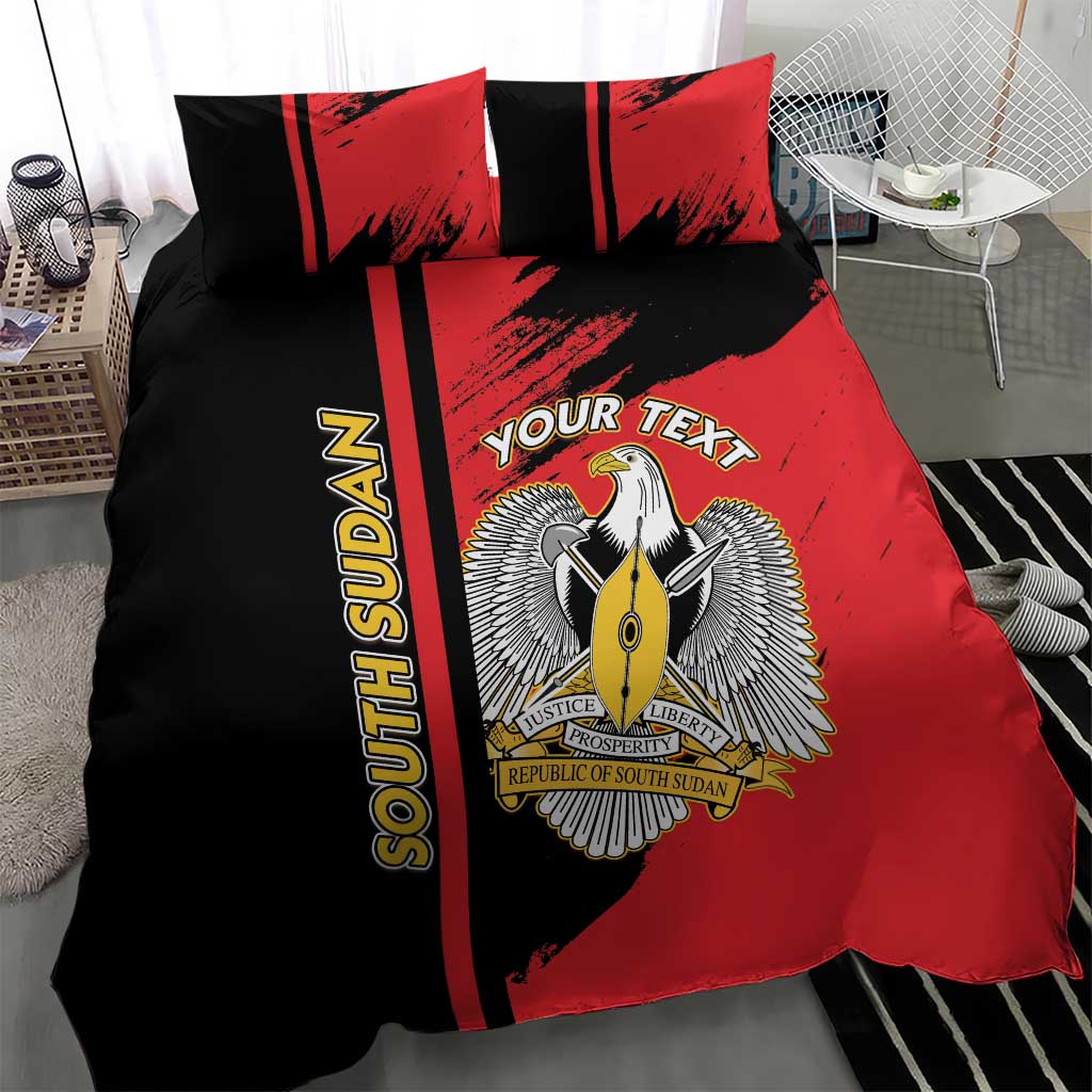 Black and red duvet set with South Sudan emblem and eagle crest, two matching pillowcases